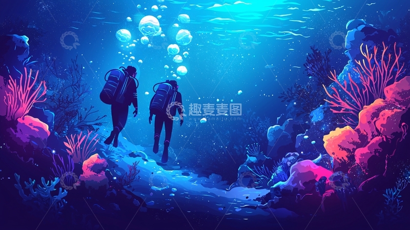 高清大图下载【趣麦麦图】深海潜水员探索珊瑚礁