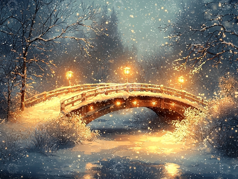 高清大图下载【趣麦麦图】雪夜小桥灯光温暖