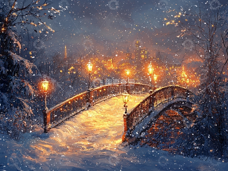 高清大图下载【趣麦麦图】冬夜雪景桥梁