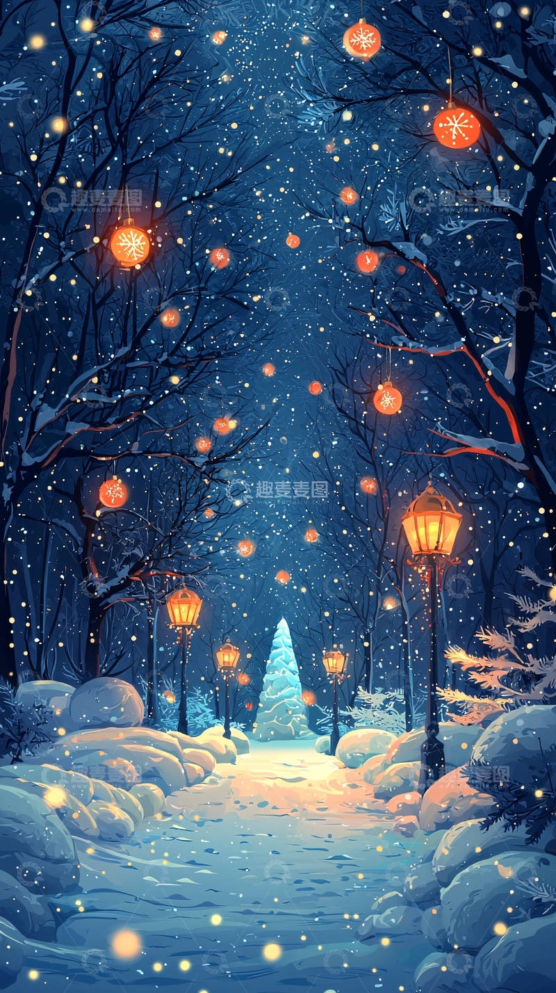 高清大图下载【趣麦麦图】雪夜灯光小路