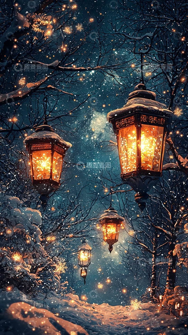 高清大图下载【趣麦麦图】冬夜雪景中温暖的灯笼