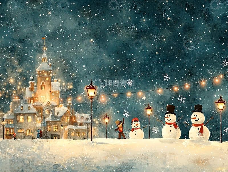 高清大图下载【趣麦麦图】冬夜雪景小镇