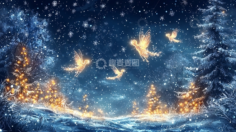 高清大图下载【趣麦麦图】冬日雪夜中的精灵飞舞