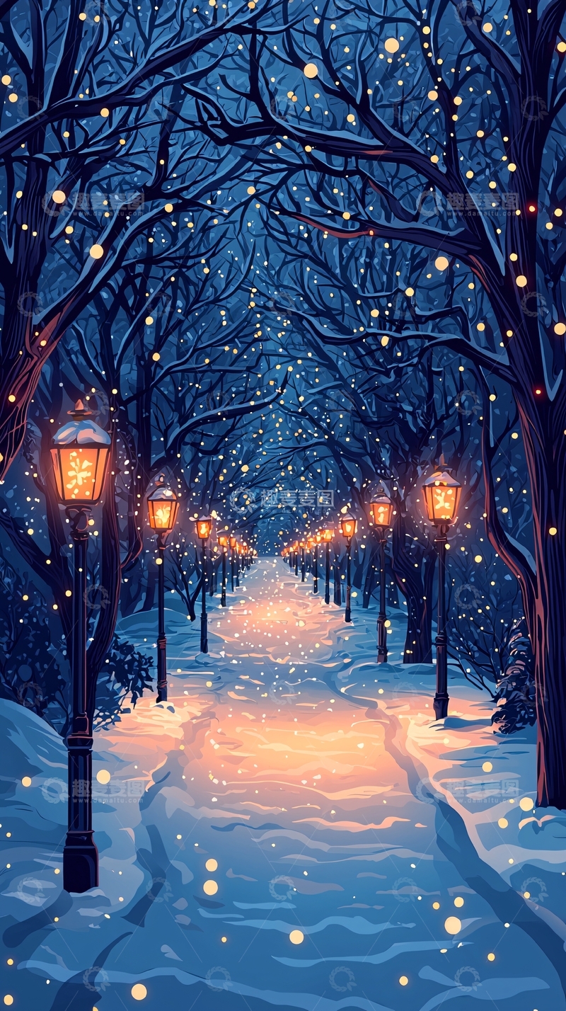 高清大图下载【趣麦麦图】冬夜雪地小路灯光闪烁