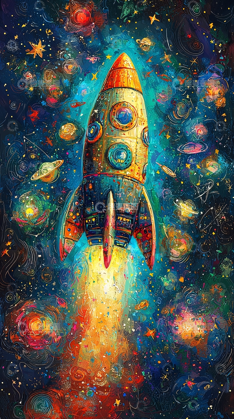 高清大图下载【趣麦麦图】彩色火箭穿梭在宇宙中