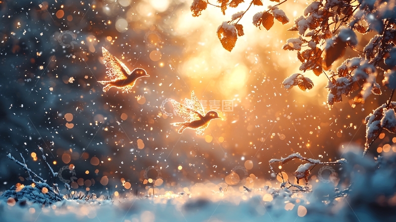高清大图下载【趣麦麦图】冬日暖阳下飞翔的小鸟