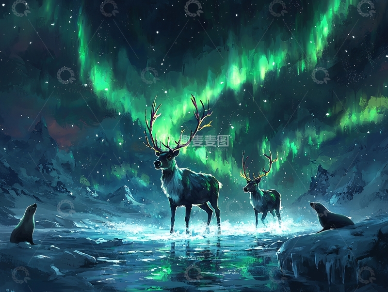 高清大图下载【趣麦麦图】极光下的驯鹿和海豹