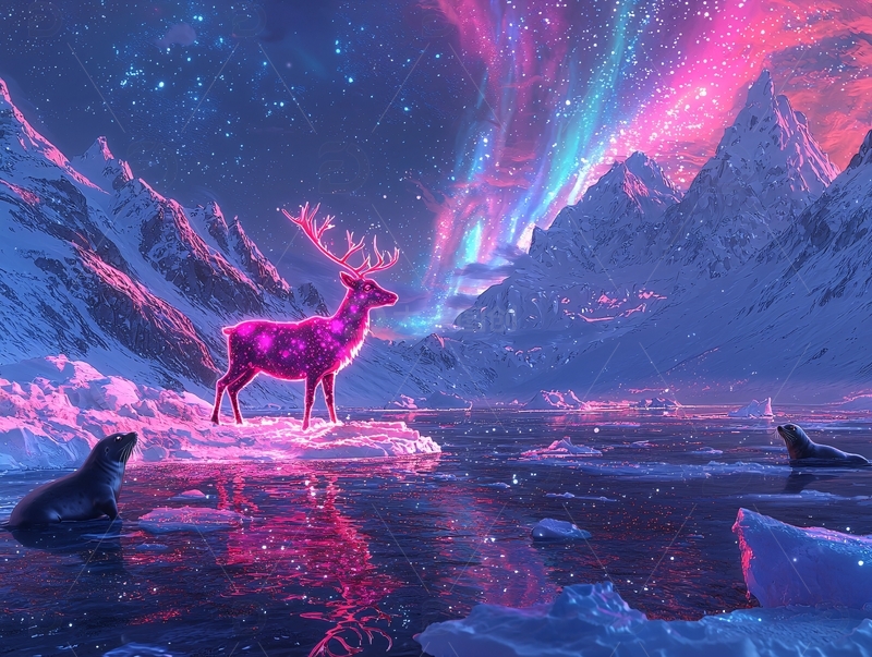 梦幻极光下的粉色鹿