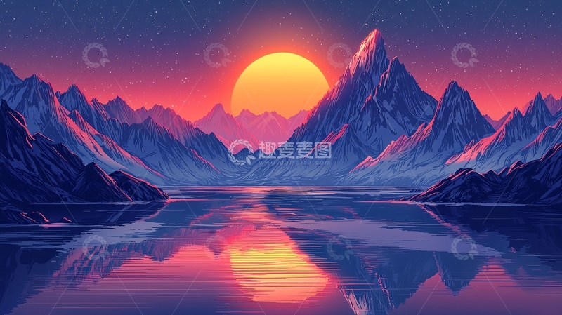 高清大图下载【趣麦麦图】湖面日出山峰倒影