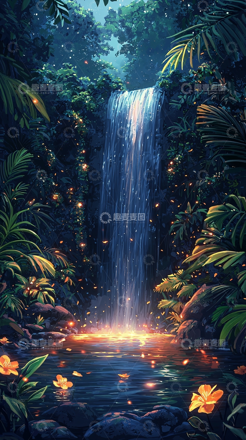 高清大图下载【趣麦麦图】热带雨林瀑布唯美夜景