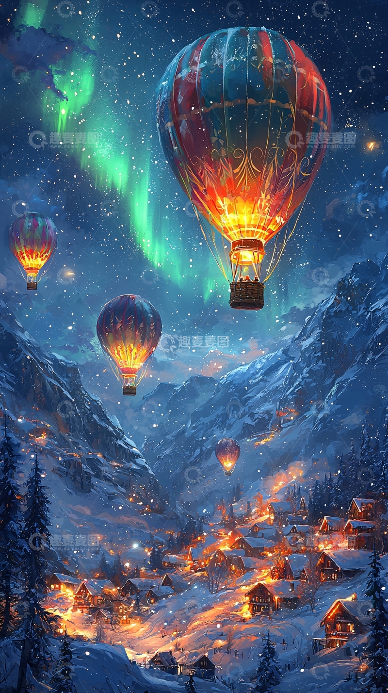 高清大图下载【趣麦麦图】极光下雪山热气球小镇