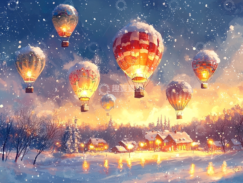 高清大图下载【趣麦麦图】冬日热气球雪景