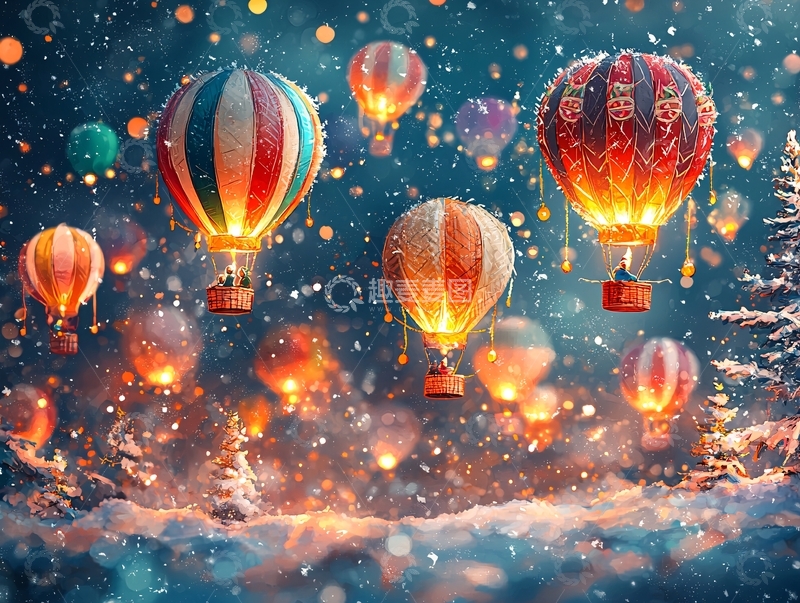 高清大图下载【趣麦麦图】热气球在雪夜发光