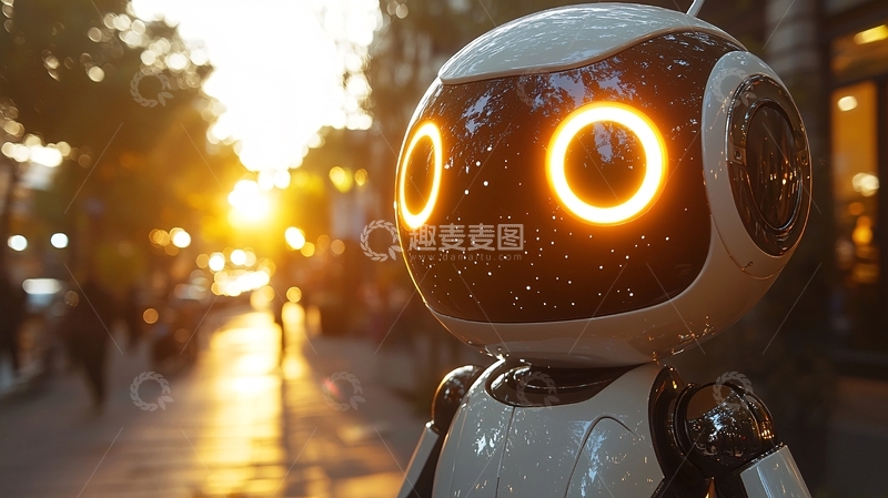 高清大图下载【趣麦麦图】夕阳下街道上的小机器人