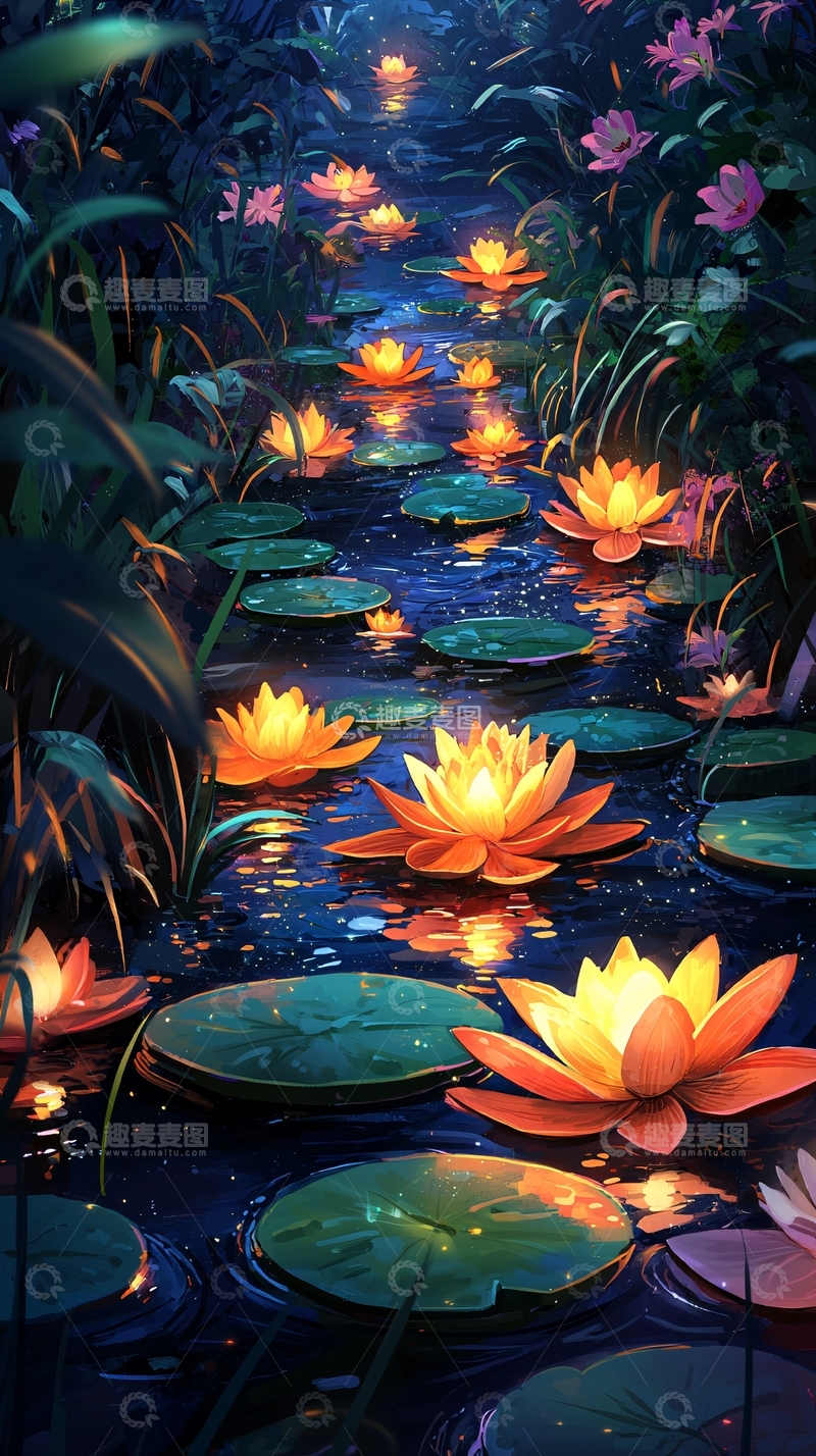 高清大图下载【趣麦麦图】夜晚河流莲花灯