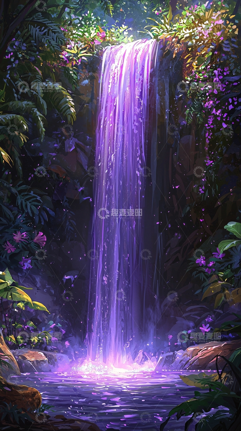 高清大图下载【趣麦麦图】紫色瀑布流淌在热带雨林中