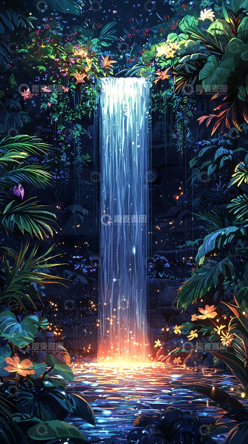 高清大图下载【趣麦麦图】唯美瀑布水流植被鲜花