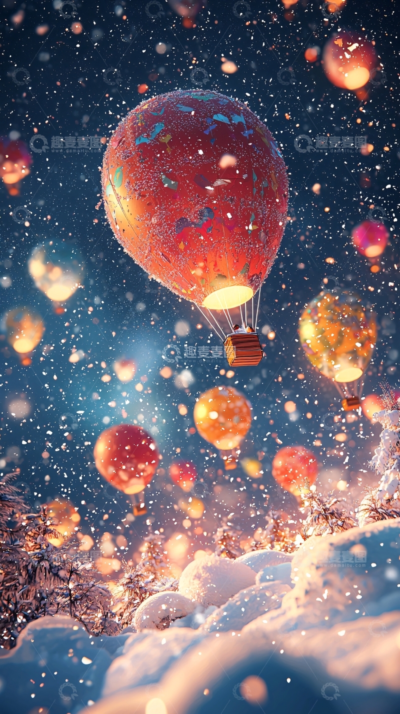 高清大图下载【趣麦麦图】冬日热气球雪景