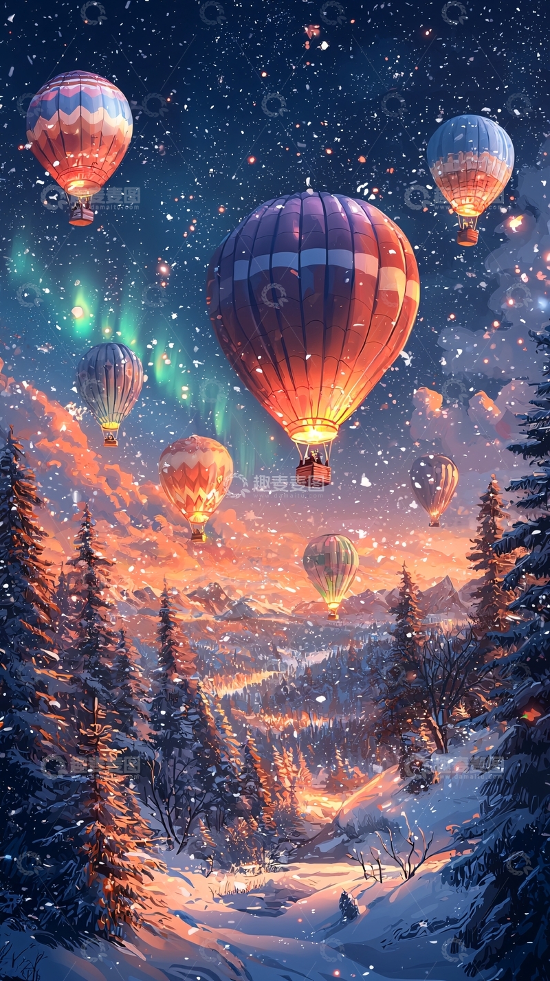 高清大图下载【趣麦麦图】极光下雪夜热气球