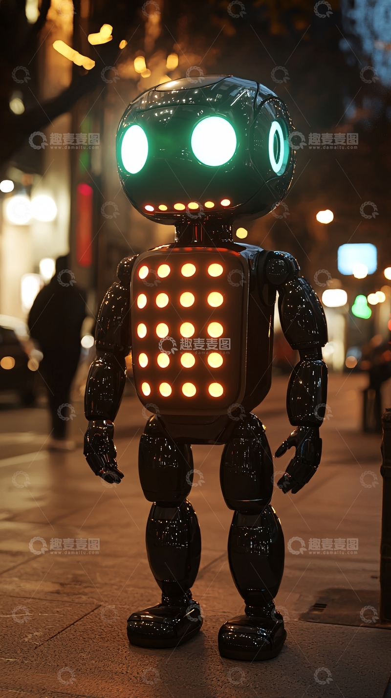 高清大图下载【趣麦麦图】夜晚街道上的发光机器人