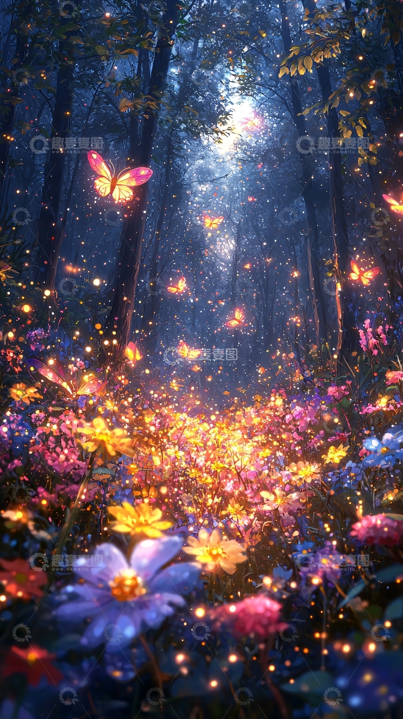 高清大图下载【趣麦麦图】萤火虫森林梦幻仙境