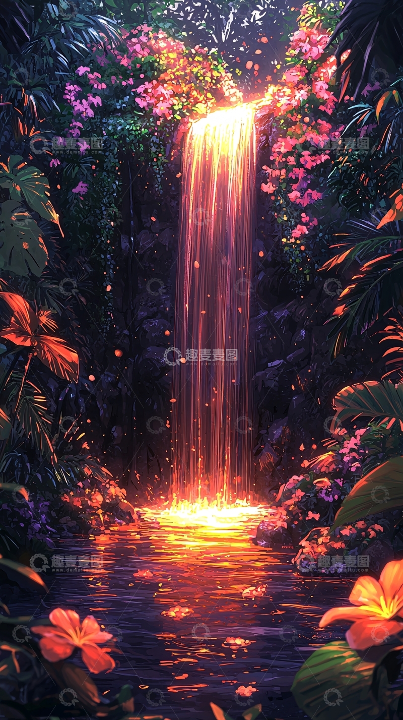 高清大图下载【趣麦麦图】热带雨林中的金色瀑布