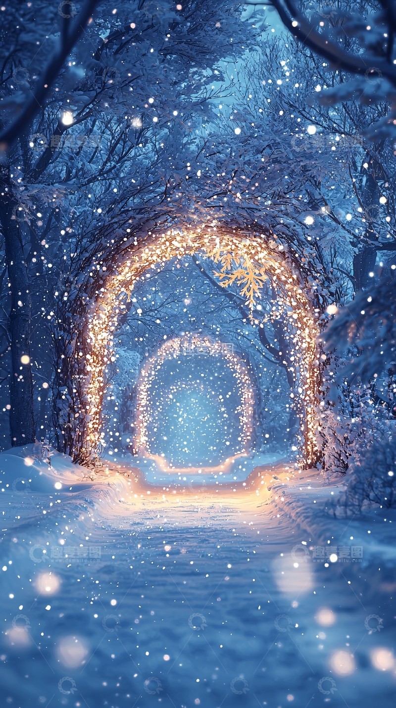 高清大图下载【趣麦麦图】雪夜灯光拱门森林