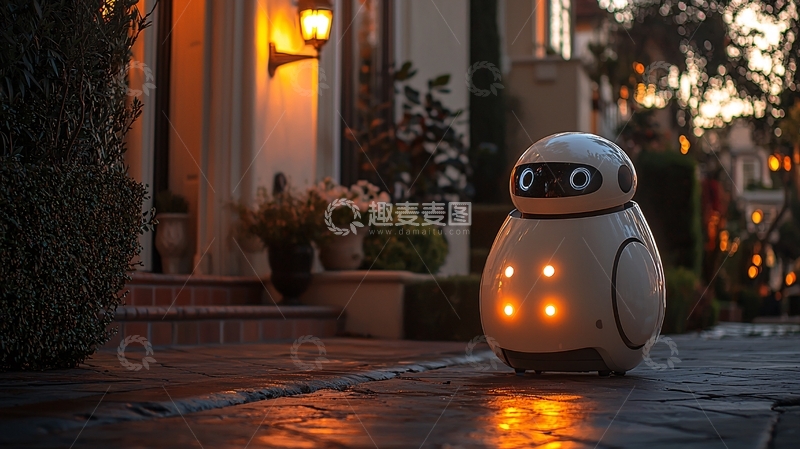 高清大图下载【趣麦麦图】夜晚街道上的白色机器人