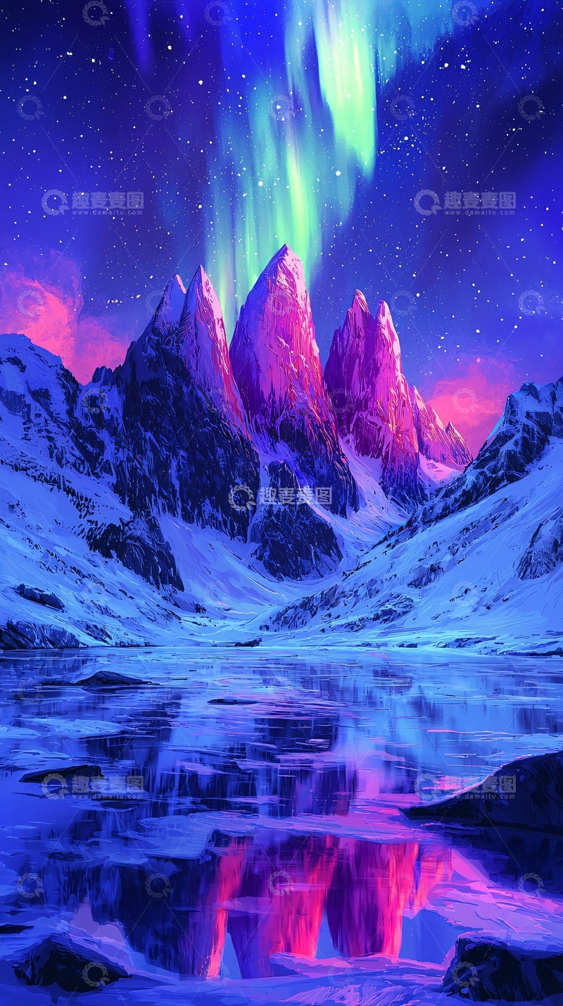 高清大图下载【趣麦麦图】极光下的雪山湖泊