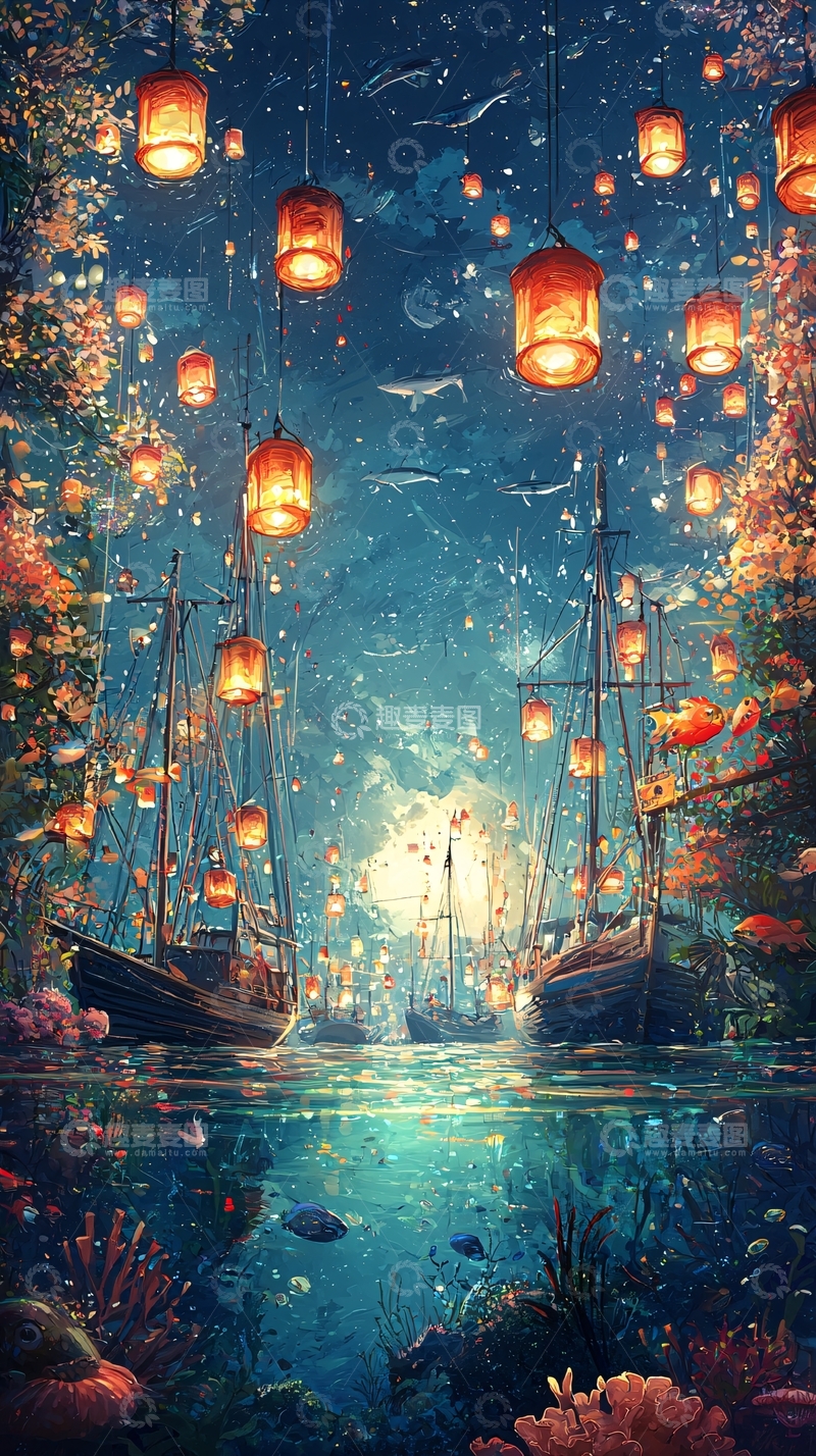 高清大图下载【趣麦麦图】梦幻灯笼船夜景