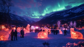 极光下的冰雕节庆