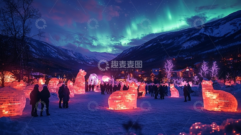 高清大图下载【趣麦麦图】极光下的冰雕节庆