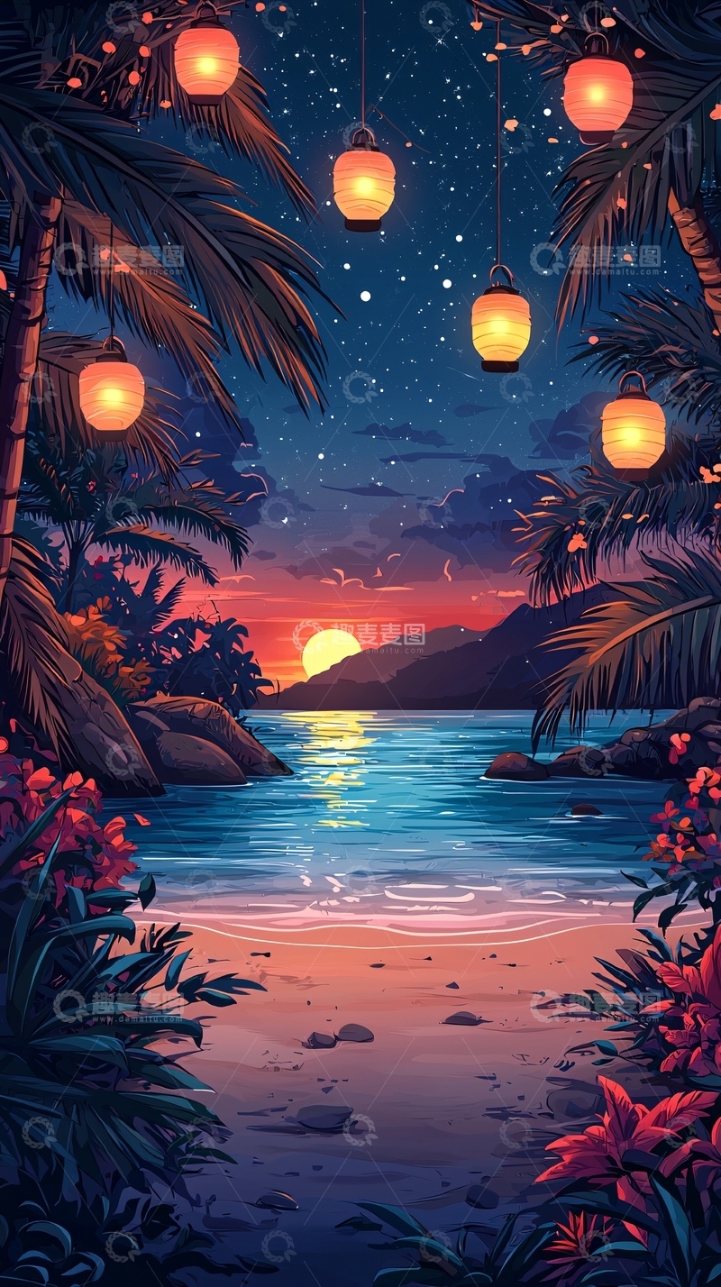 高清大图下载【趣麦麦图】热带海滩夜景