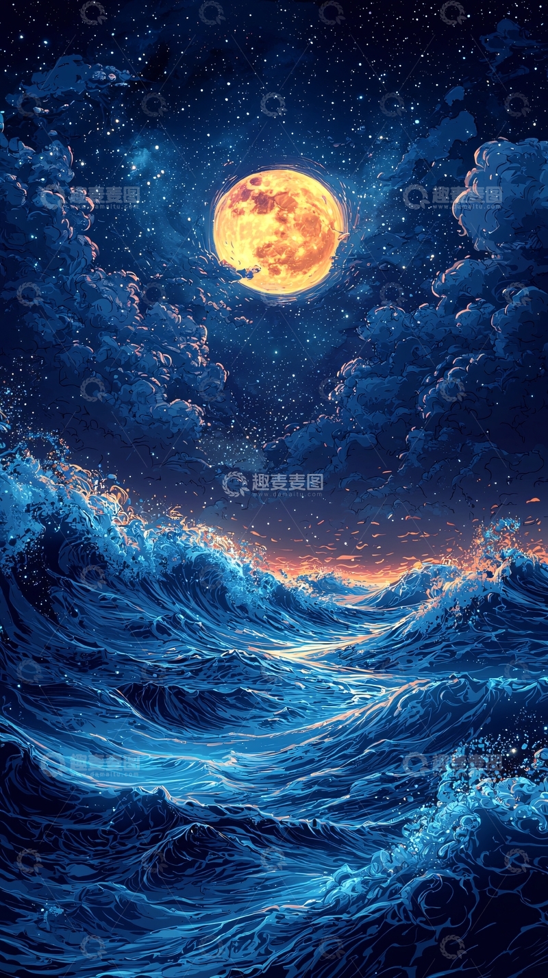 高清大图下载【趣麦麦图】海浪星空月亮唯美图