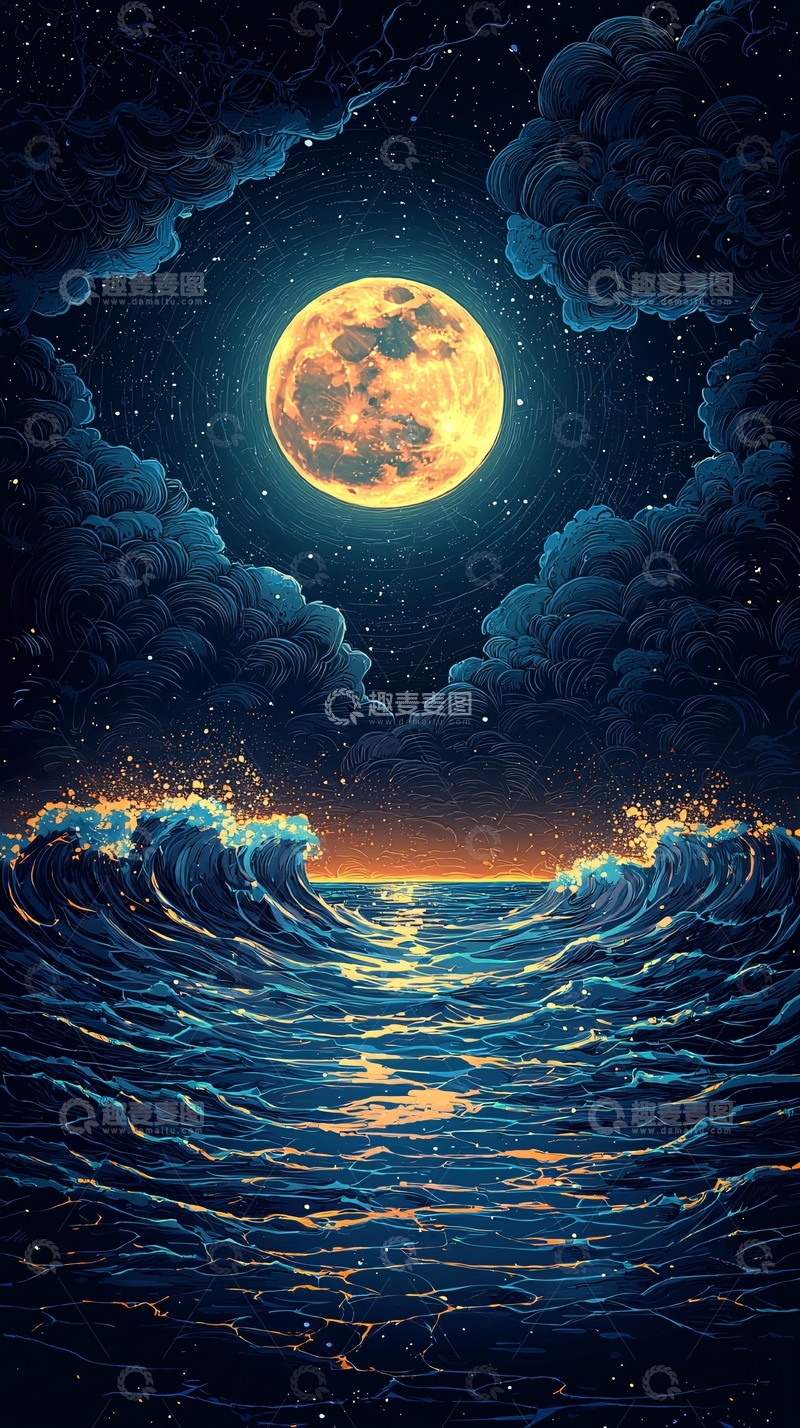 高清大图下载【趣麦麦图】波涛汹涌的海面上的明月夜空
