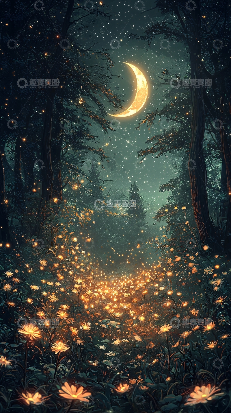 高清大图下载【趣麦麦图】夜间森林月亮与萤火虫