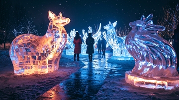 冰雕动物在夜间闪耀