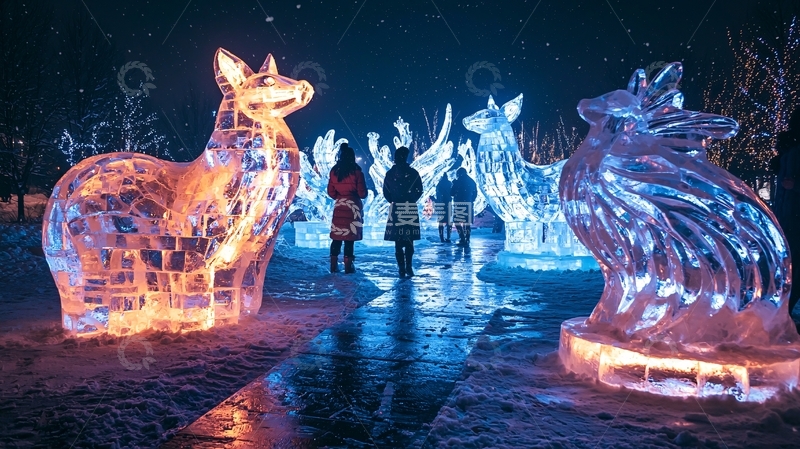 高清大图下载【趣麦麦图】冰雕动物在夜间闪耀