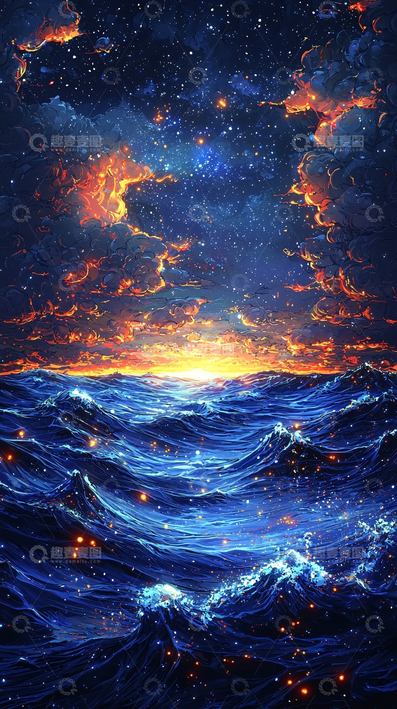 高清大图下载【趣麦麦图】波光粼粼的星空海面