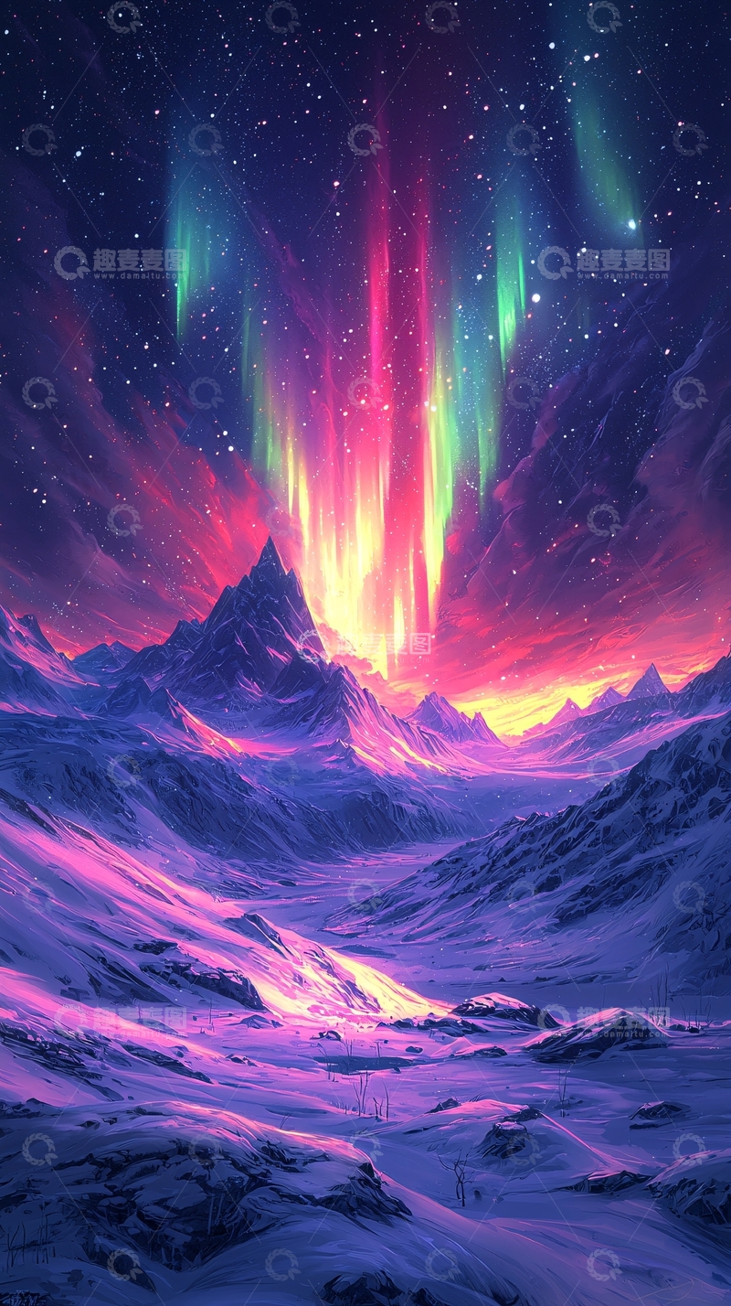 高清大图下载【趣麦麦图】梦幻极光下的雪山