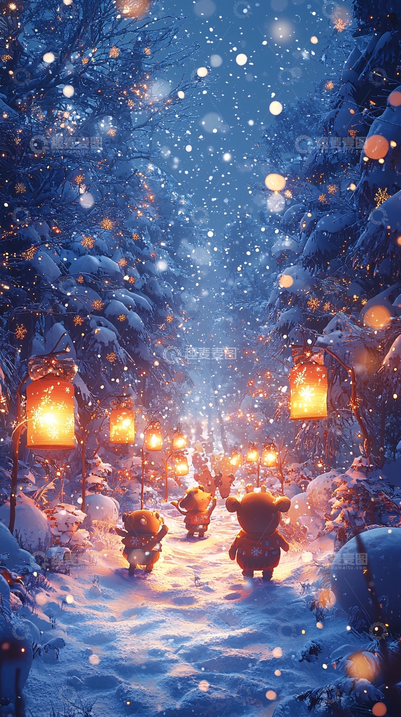 高清大图下载【趣麦麦图】冬日森林小熊雪景