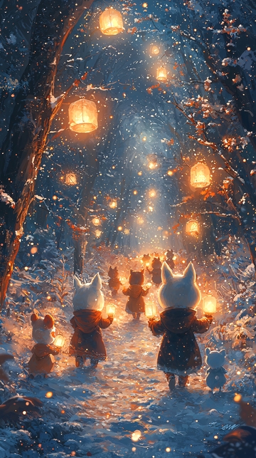 冬日雪景小动物提灯