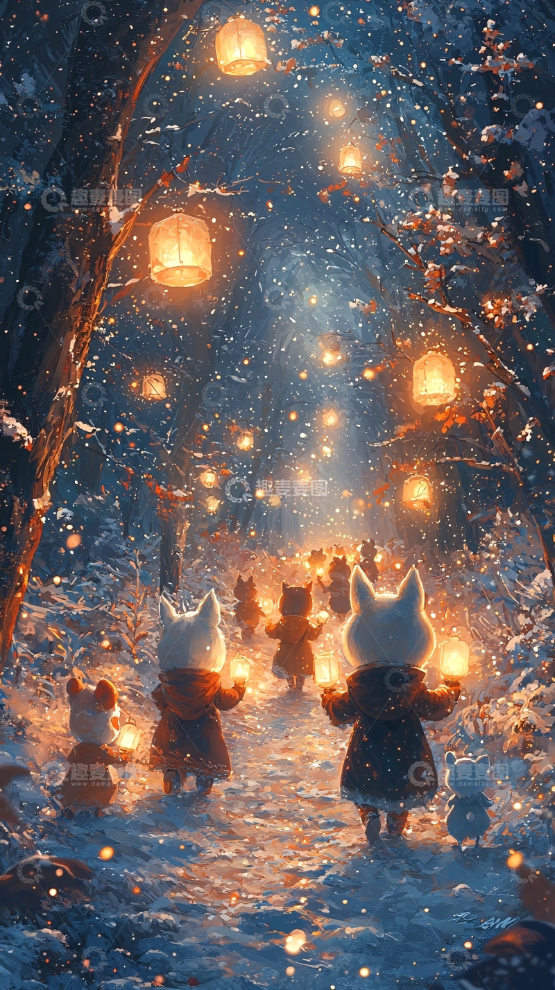 高清大图下载【趣麦麦图】冬日雪景小动物提灯