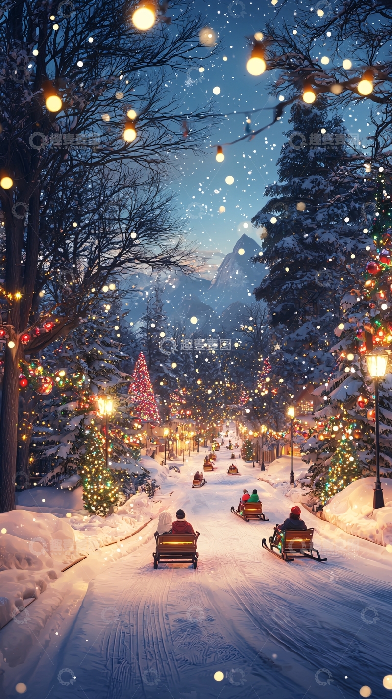 高清大图下载【趣麦麦图】雪夜灯光小路上的圣诞氛围