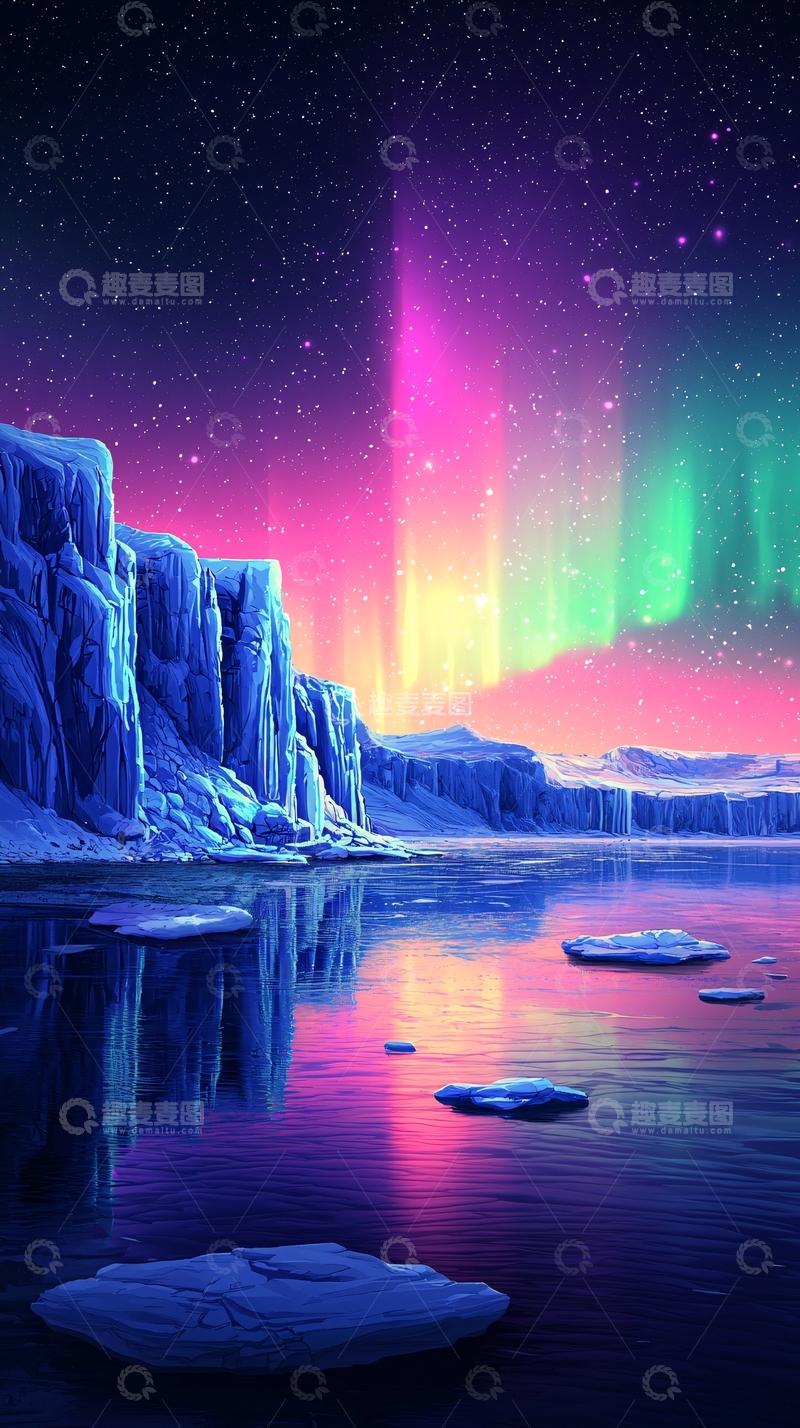 高清大图下载【趣麦麦图】极光下的冰雪世界
