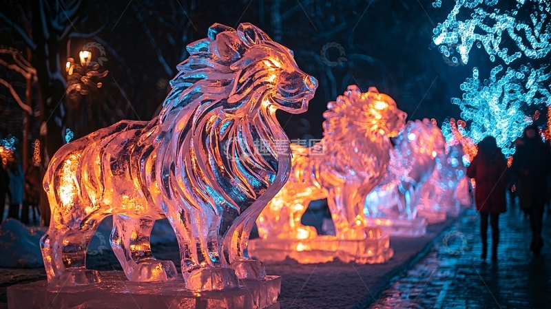 高清大图下载【趣麦麦图】冰雕狮子夜景