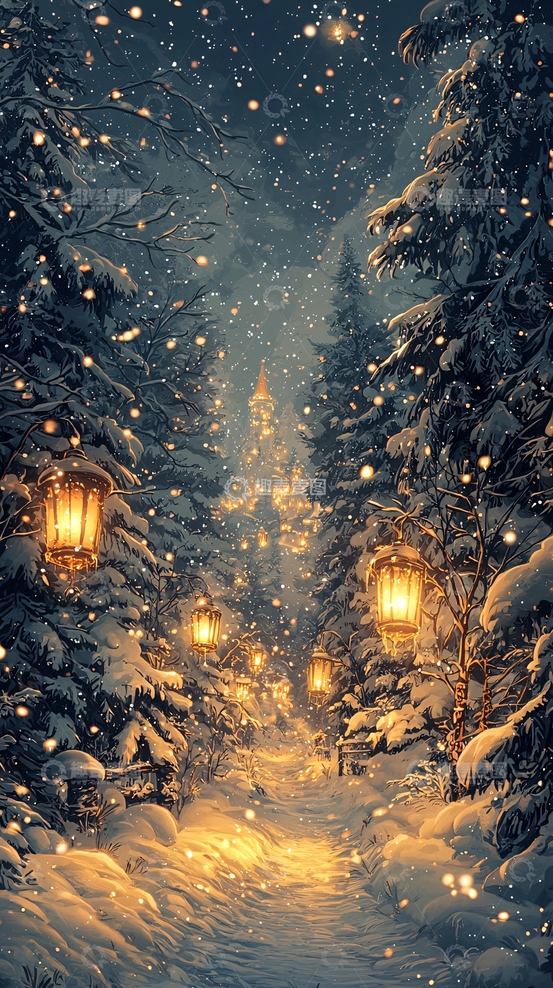 高清大图下载【趣麦麦图】雪夜森林小路灯光点点