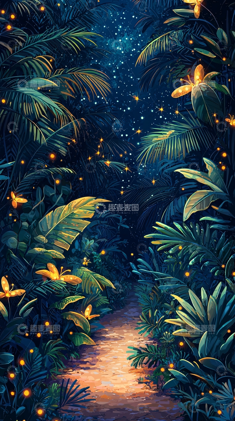 高清大图下载【趣麦麦图】夜色下的热带雨林小路