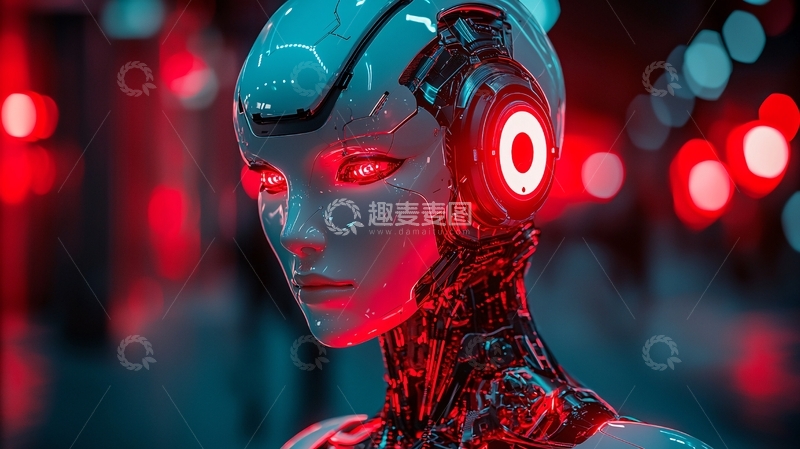 高清大图下载【趣麦麦图】红光背景下的女性机器人