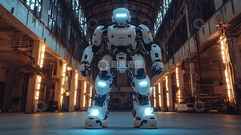 高清大图下载【趣麦麦图】巨型机器人站立在工厂车间